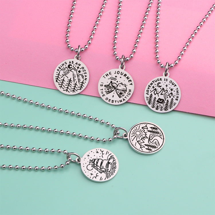 Wholesale Outdoor Travel Scenery Stainless Steel Round Plate Necklace Keychain